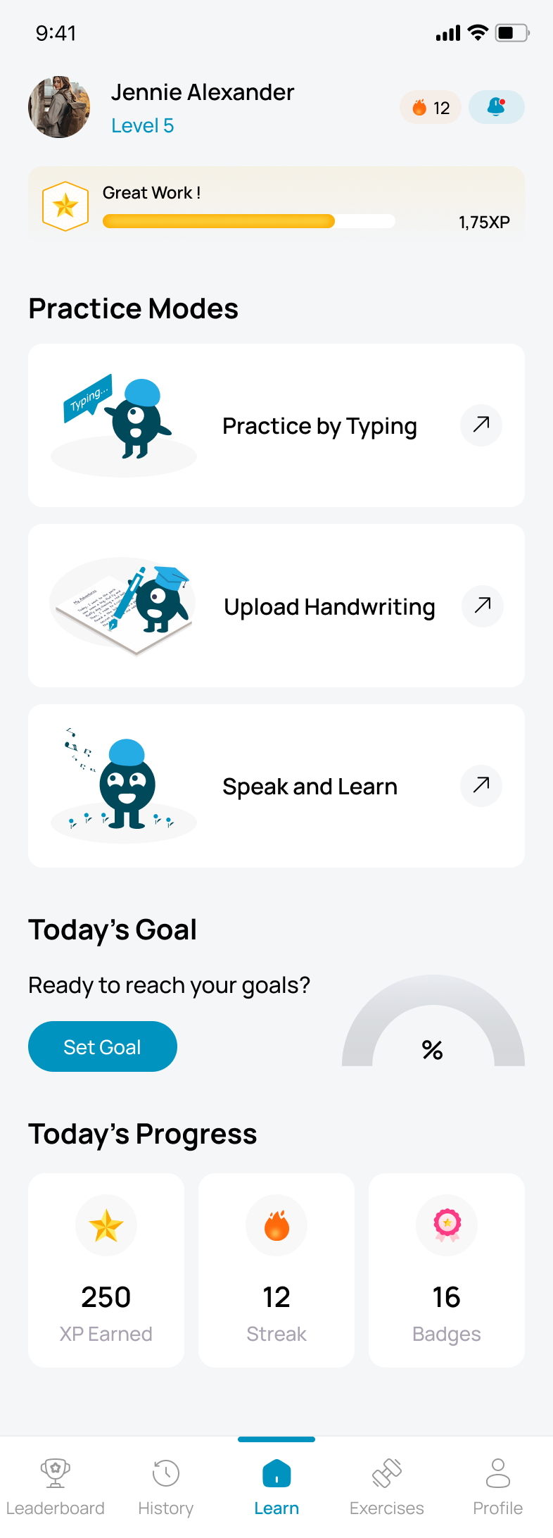 TextMentor Home-Screen mit Lernmodi, XP und Streak